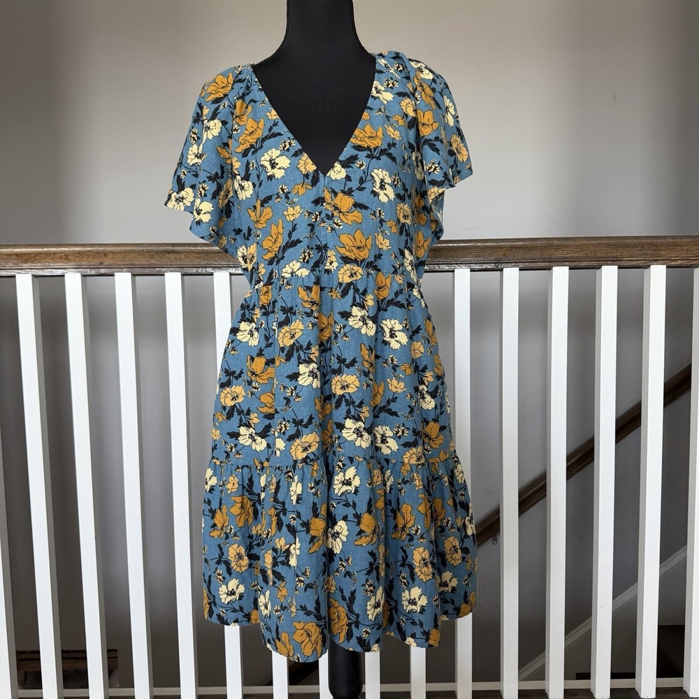 Universal Thread Flutter Short Sleeve Floral Dress Blue Sz S Linen Blend Cottage